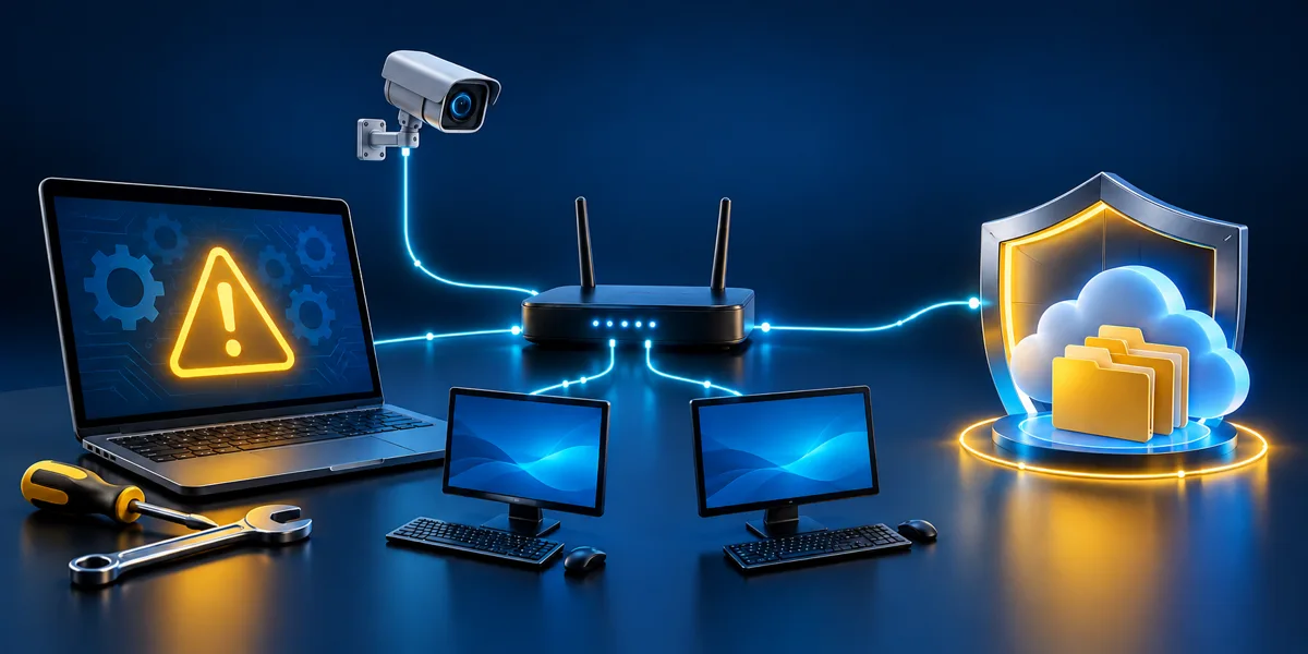 Concept illustration of a laptop fault, connected computers, router, CCTV camera and protected backup files